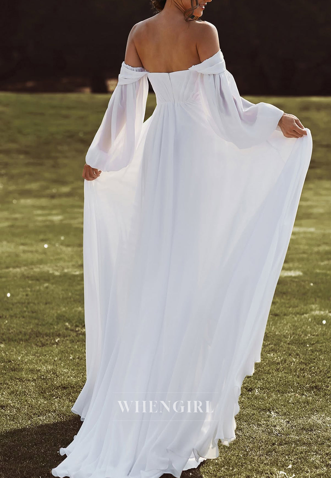 A-Line Long Sleeves Off Shoulder Side Slit Sweep Train Chiffon Beach Wedding Dress