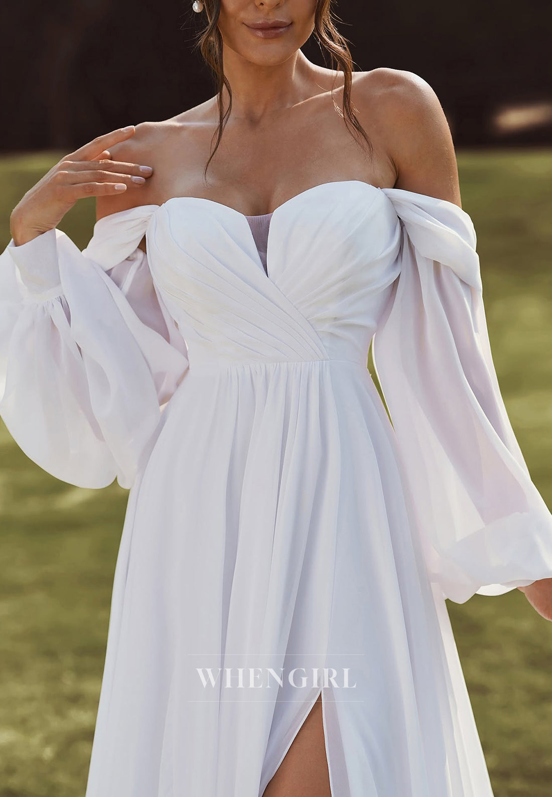 A-Line Long Sleeves Off Shoulder Side Slit Sweep Train Chiffon Beach Wedding Dress