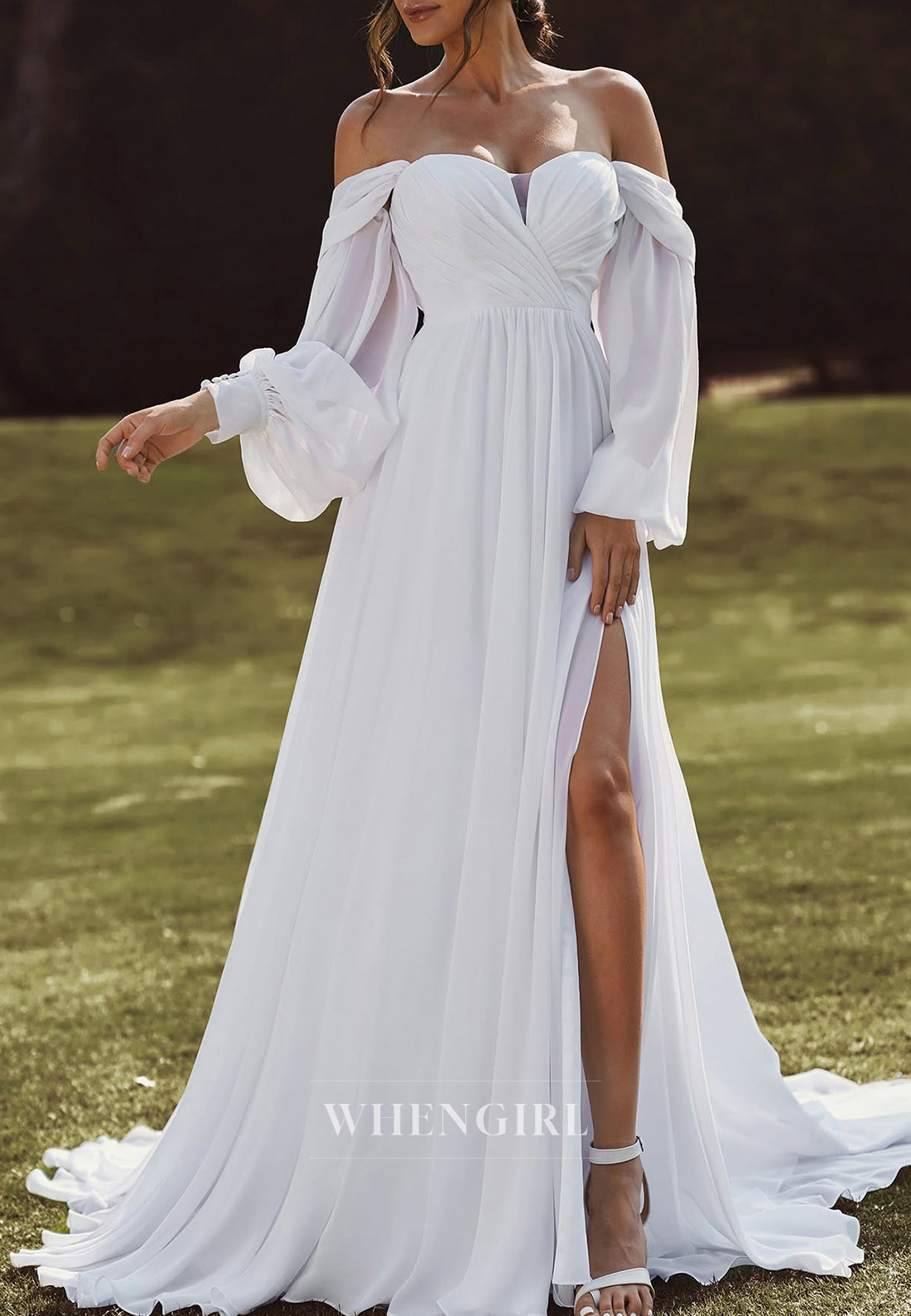 A-Line Long Sleeves Off Shoulder Side Slit Sweep Train Chiffon Beach Wedding Dress