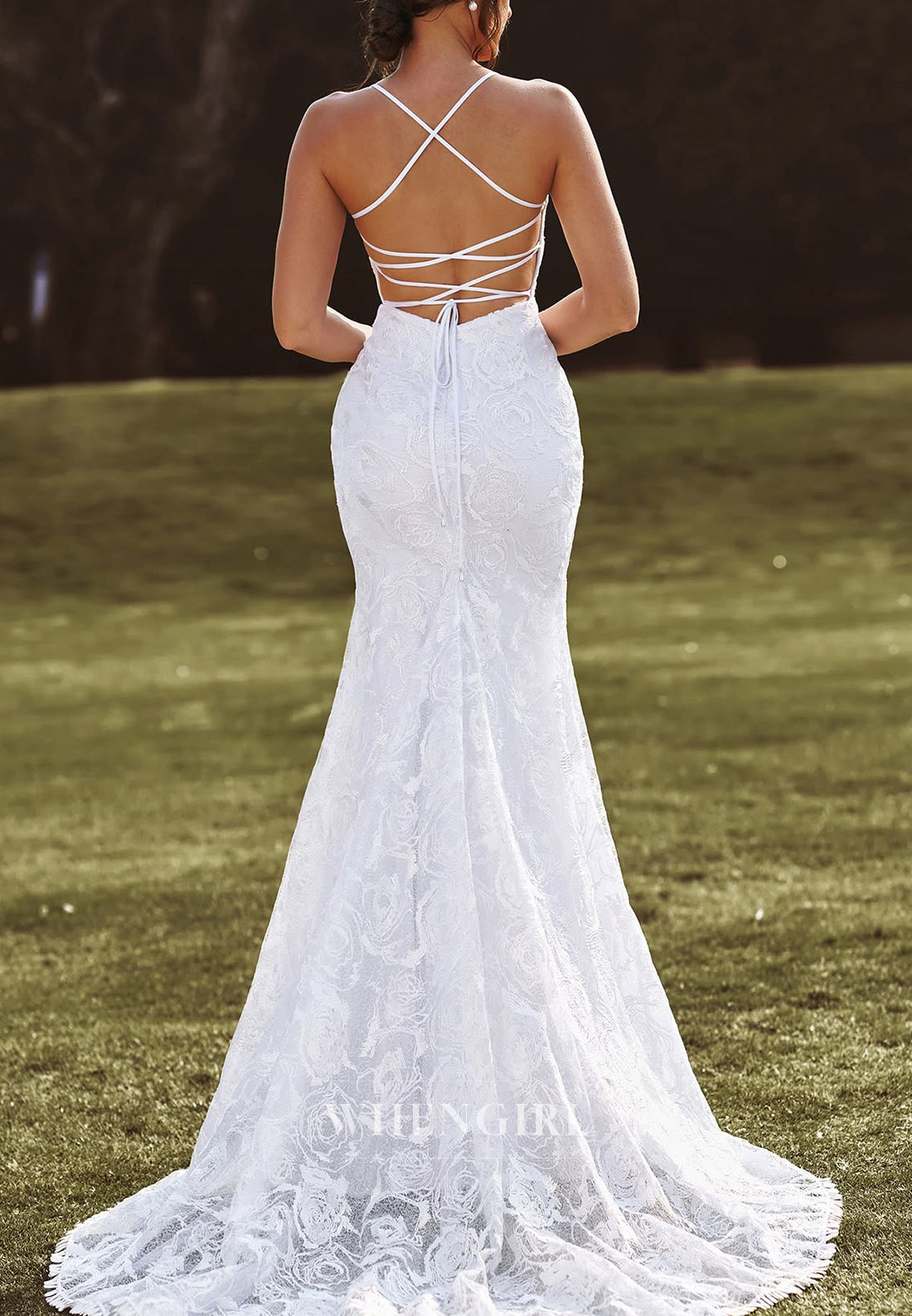 Sheath V Neck Sleeveless Spaghetti Straps Lace Up Sweep Trian Lace Beach Wedding Dress