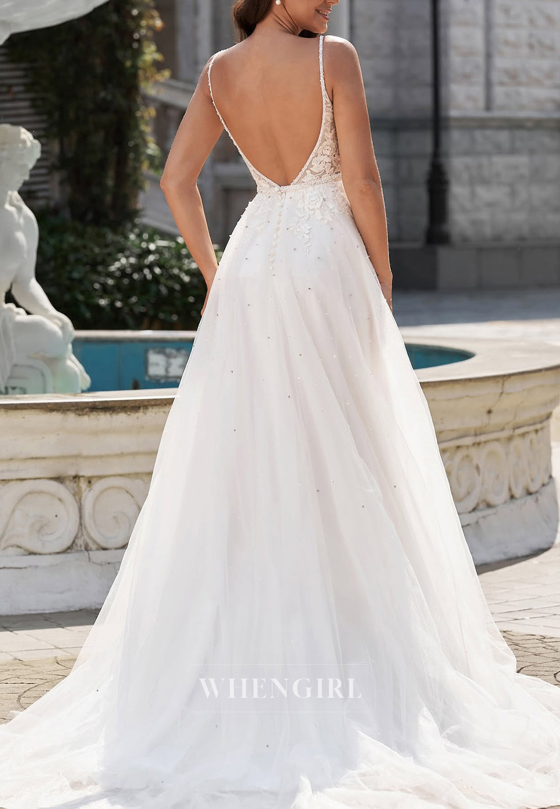 A-Line V Neck Spaghetti Straps Appliqued Beaded Sweep Train Sleeveless Wedding Dress