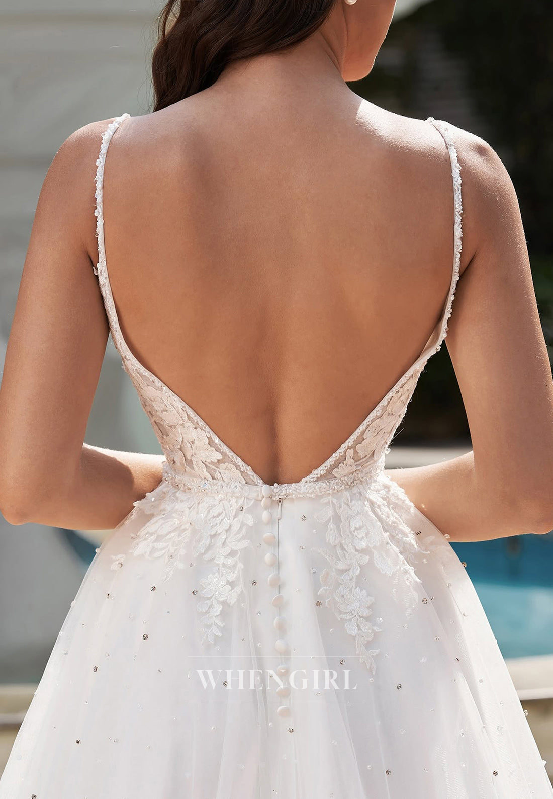 A-Line V Neck Spaghetti Straps Appliqued Beaded Sweep Train Sleeveless Wedding Dress