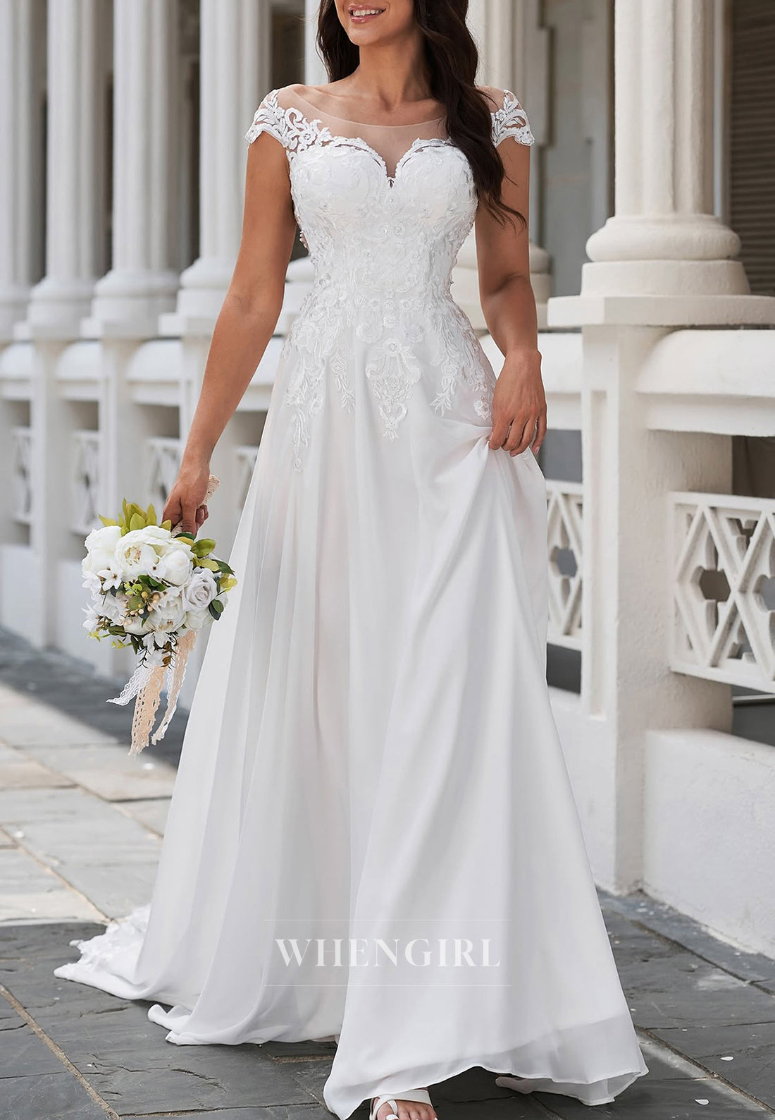 Bateau Neck Cap Sleeves Appliqued Lace A-Line Beach Wedding Dress with Train