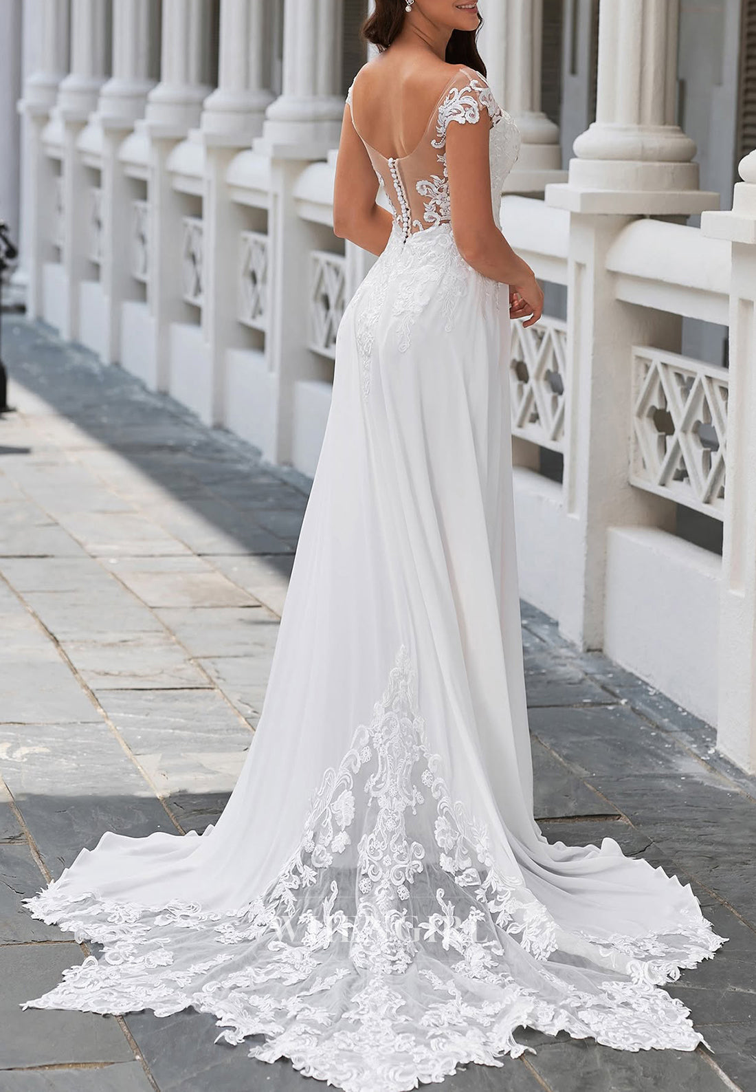 Bateau Neck Cap Sleeves Appliqued Lace A-Line Beach Wedding Dress with Train