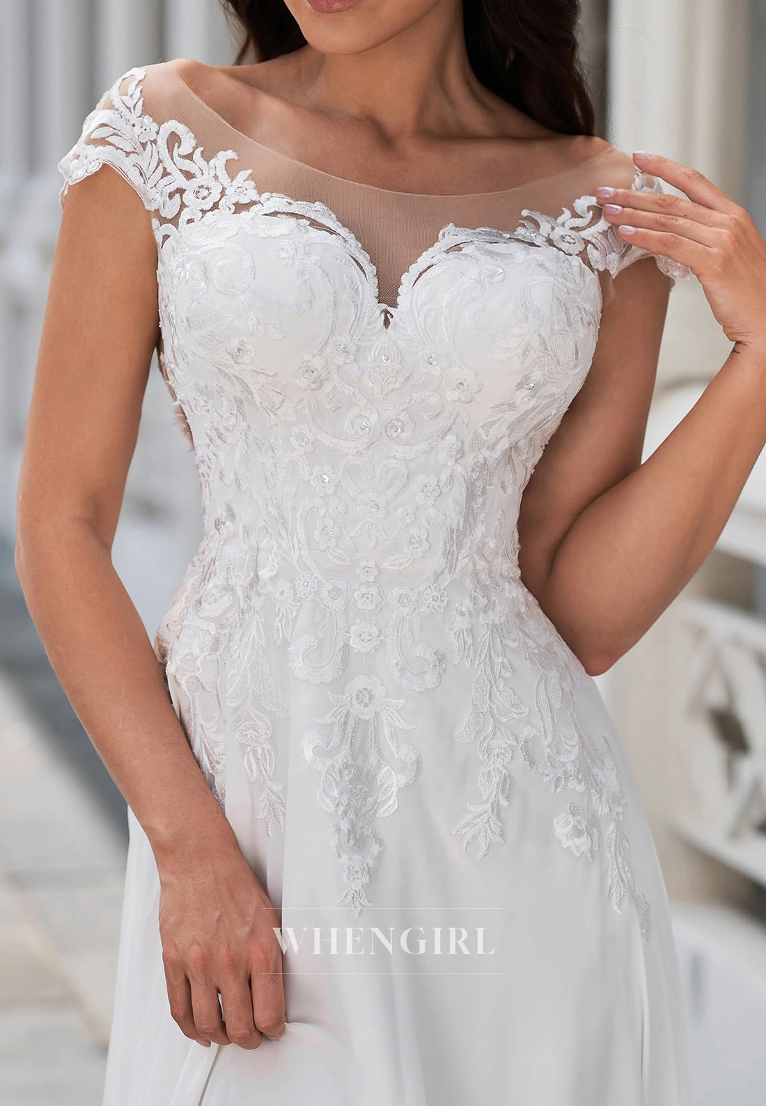 Bateau Neck Cap Sleeves Appliqued Lace A-Line Beach Wedding Dress with Train