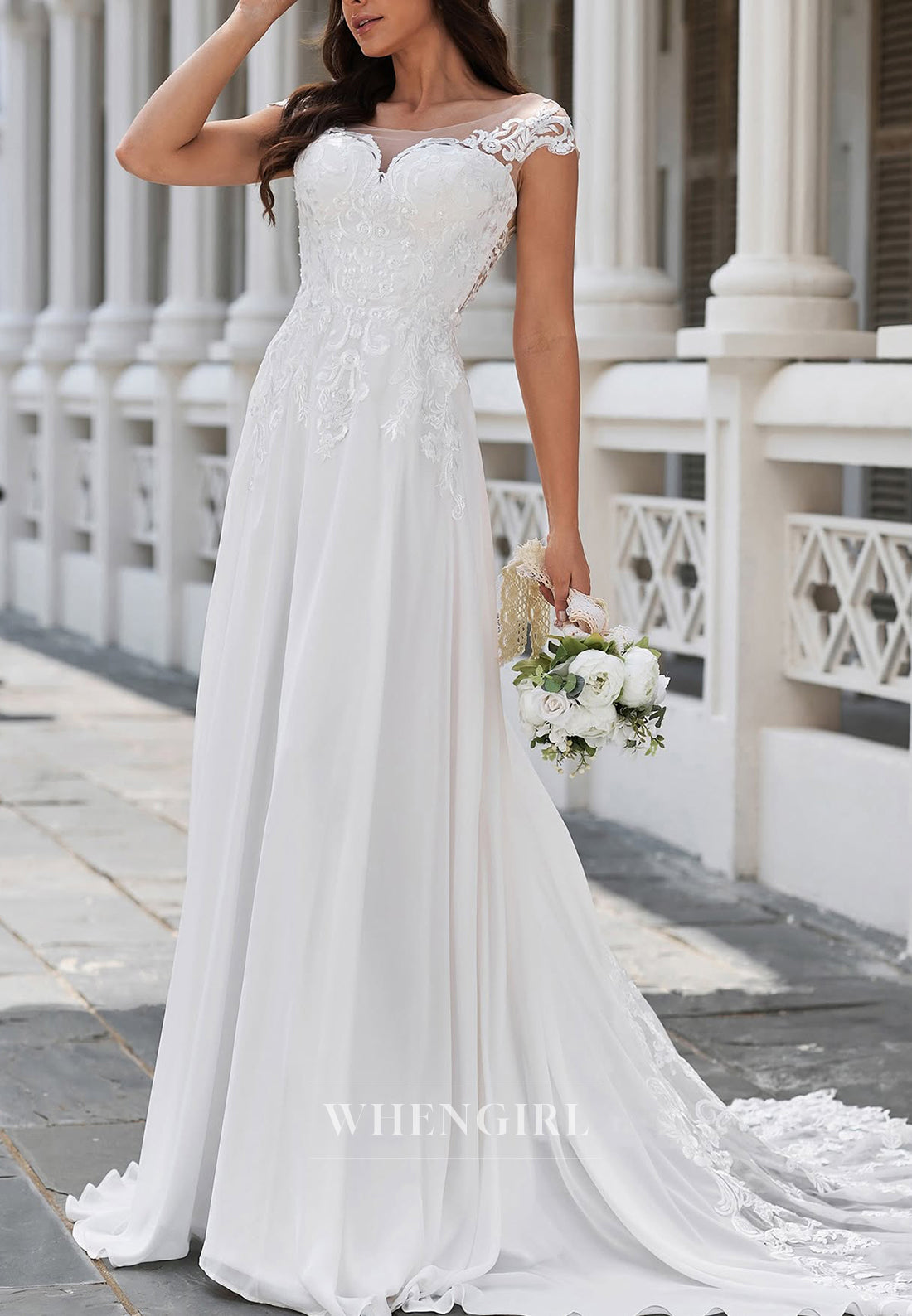 Bateau Neck Cap Sleeves Appliqued Lace A-Line Beach Wedding Dress with Train