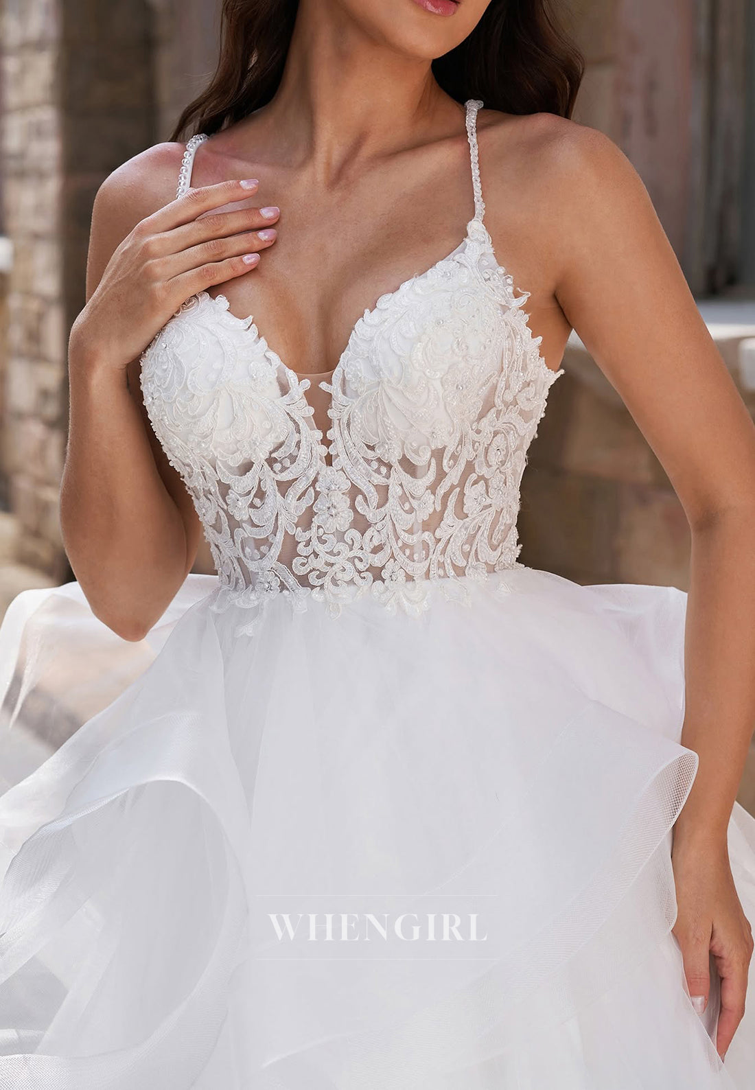 A-Line V Neck Sleeveless Beaded Straps Appliqued Lace Ruffles Hem Long Wedding Dress