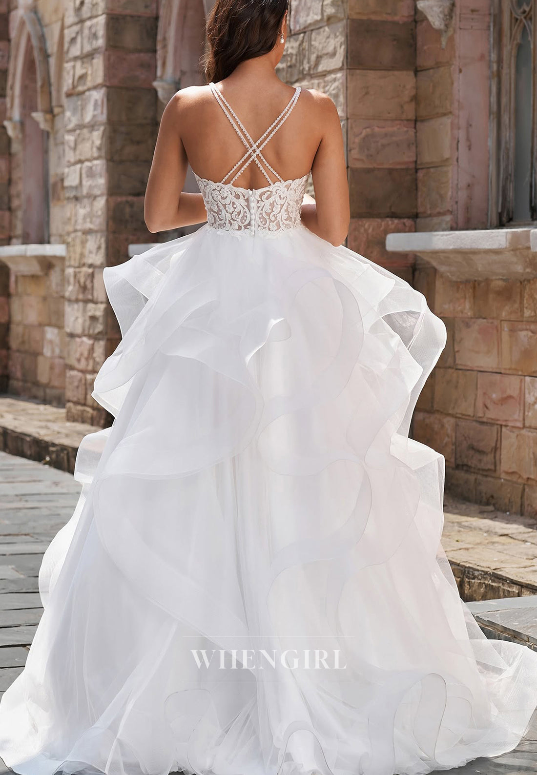 A-Line V Neck Sleeveless Beaded Straps Appliqued Lace Ruffles Hem Long Wedding Dress