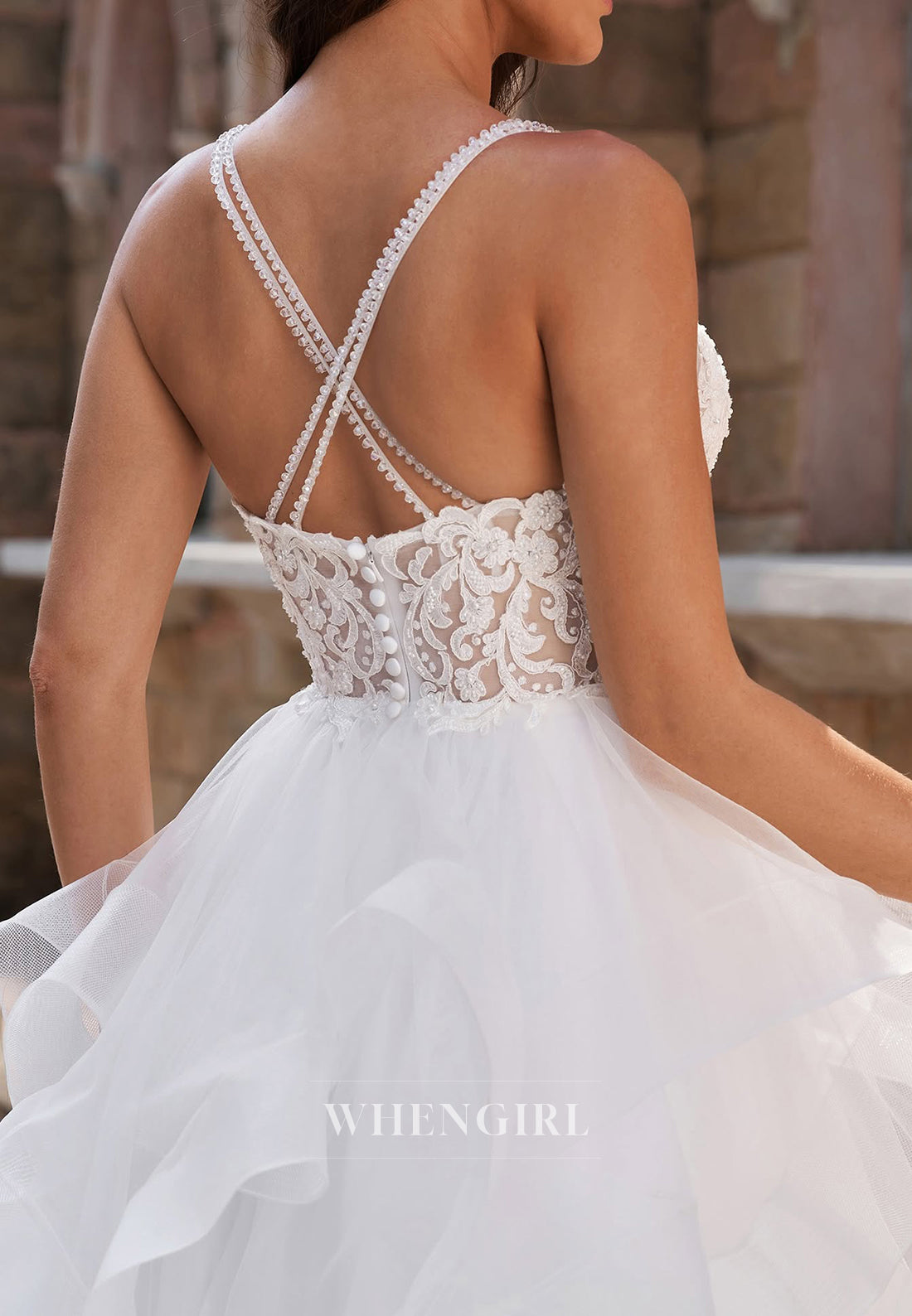A-Line V Neck Sleeveless Beaded Straps Appliqued Lace Ruffles Hem Long Wedding Dress
