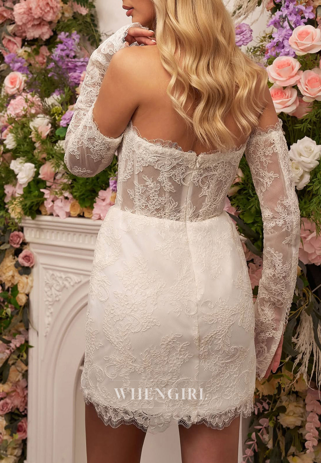 Sheath Appliqued Lace Sweetheart Strapless Back Zipper Long Sleeves Short Wedding Dress