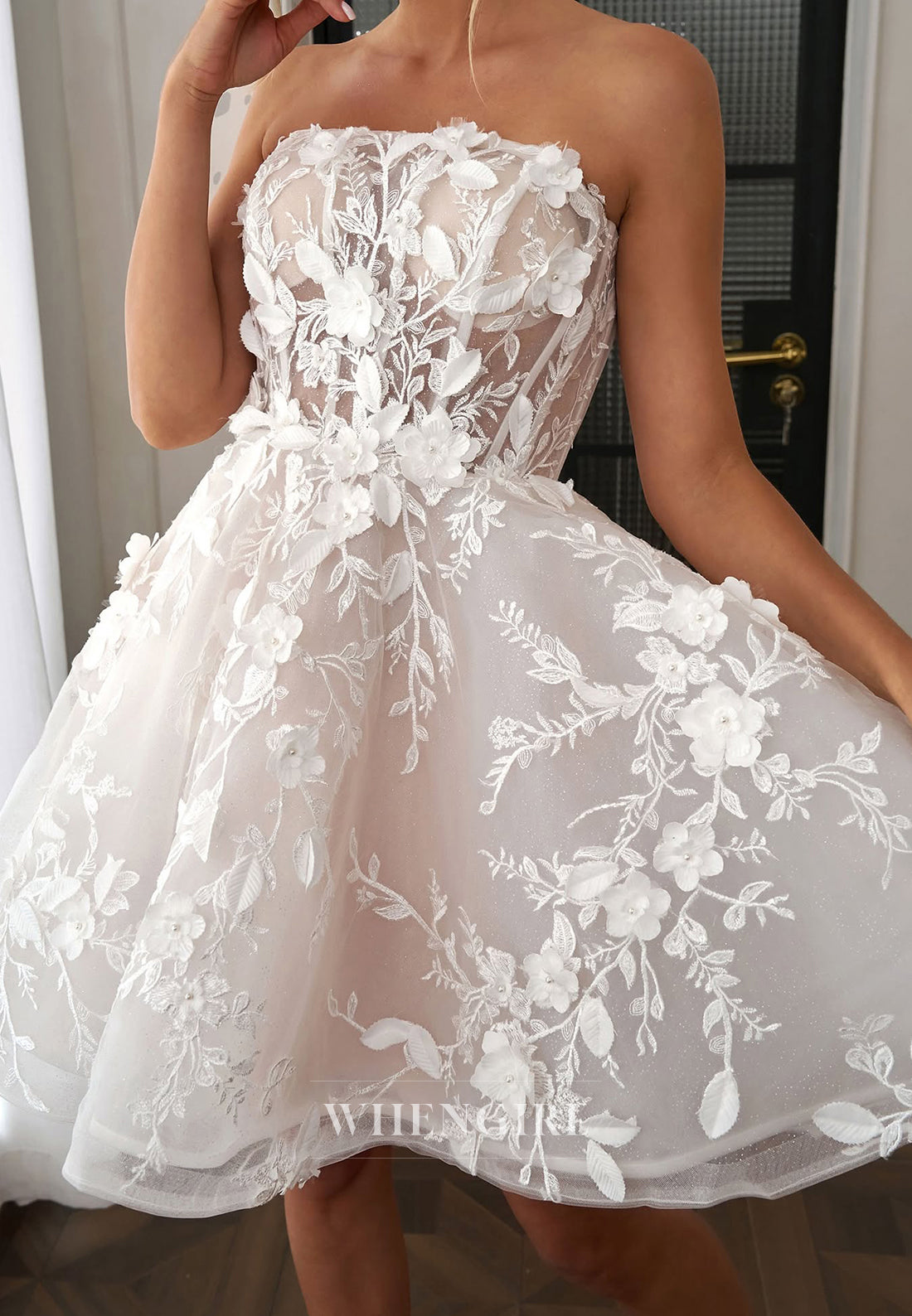 Tube Top Appliqued Removable Sleeves Lace Up A-Line Wedding Dress