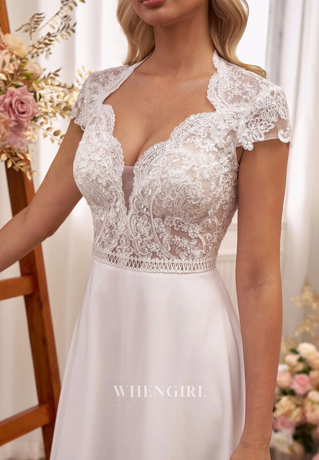 Asmmetrical Neck Cap Sleeves Sheath Chiffon Boho Beach Wedding Dress