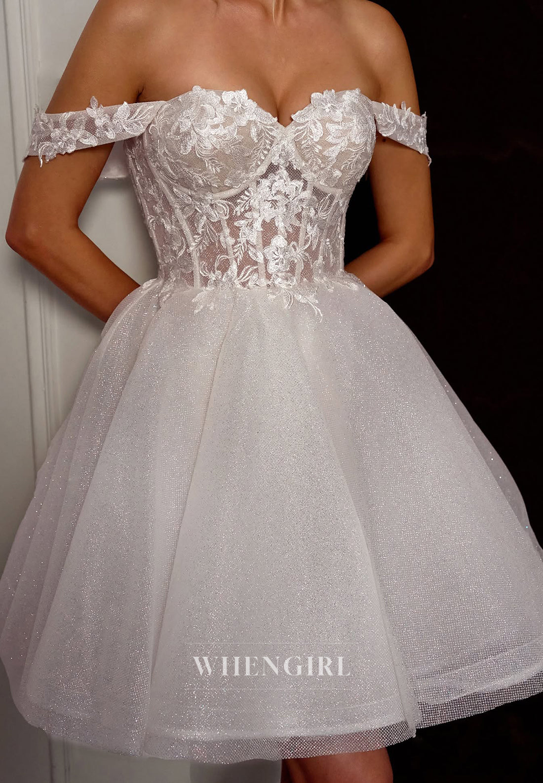A-Line Off Shoulder Appliqued Corset Lace Up Short Wedding Dress