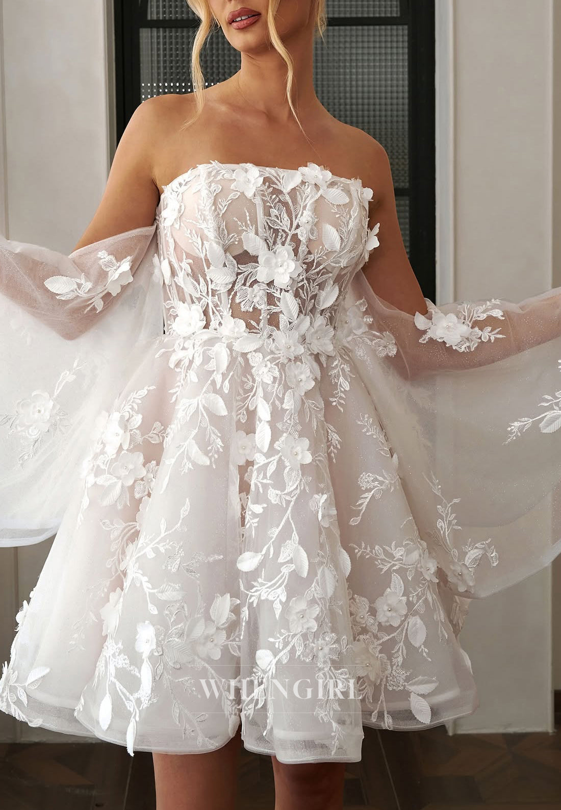 Tube Top Appliqued Removable Sleeves Lace Up A-Line Wedding Dress