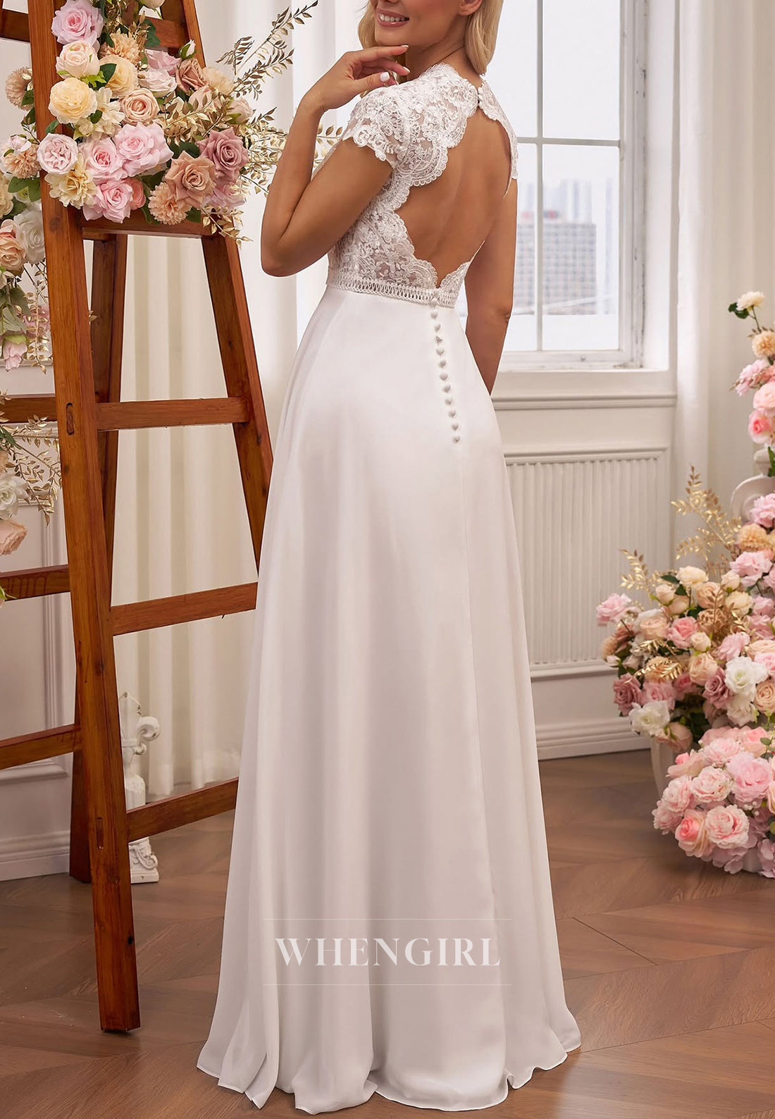 Asmmetrical Neck Cap Sleeves Sheath Chiffon Boho Beach Wedding Dress