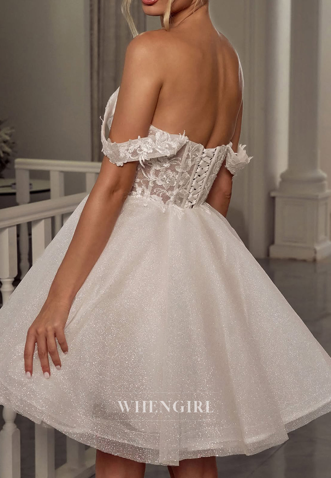 A-Line Off Shoulder Appliqued Corset Lace Up Short Wedding Dress