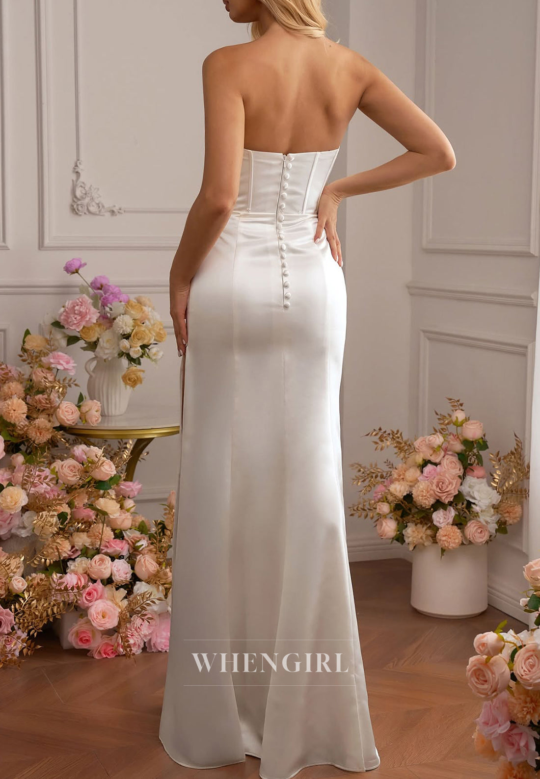 Sheath Satin Sleeveless Strapless Pleated Wedding Dress with Removable Train Side Slit