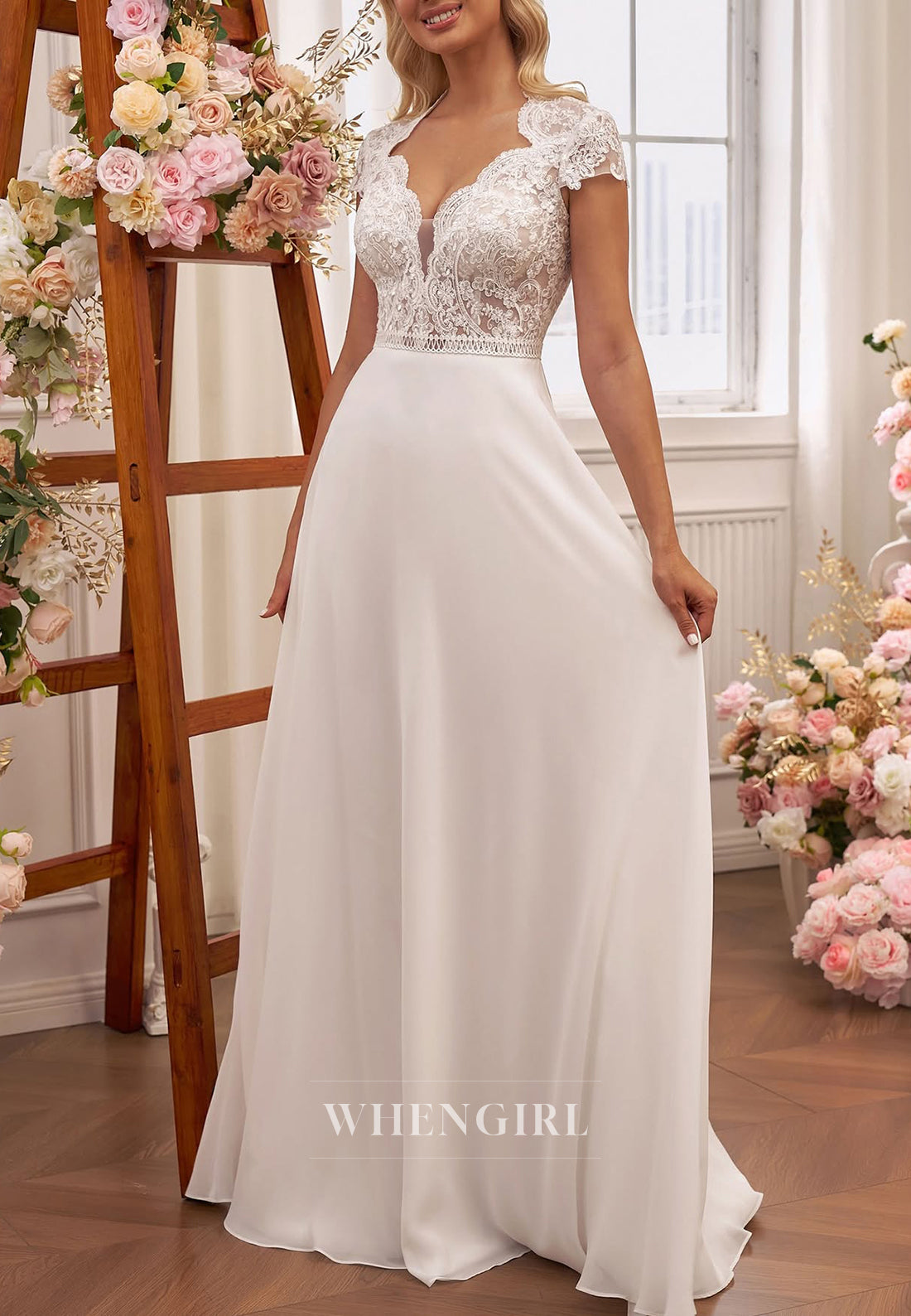 Asmmetrical Neck Cap Sleeves Sheath Chiffon Boho Beach Wedding Dress