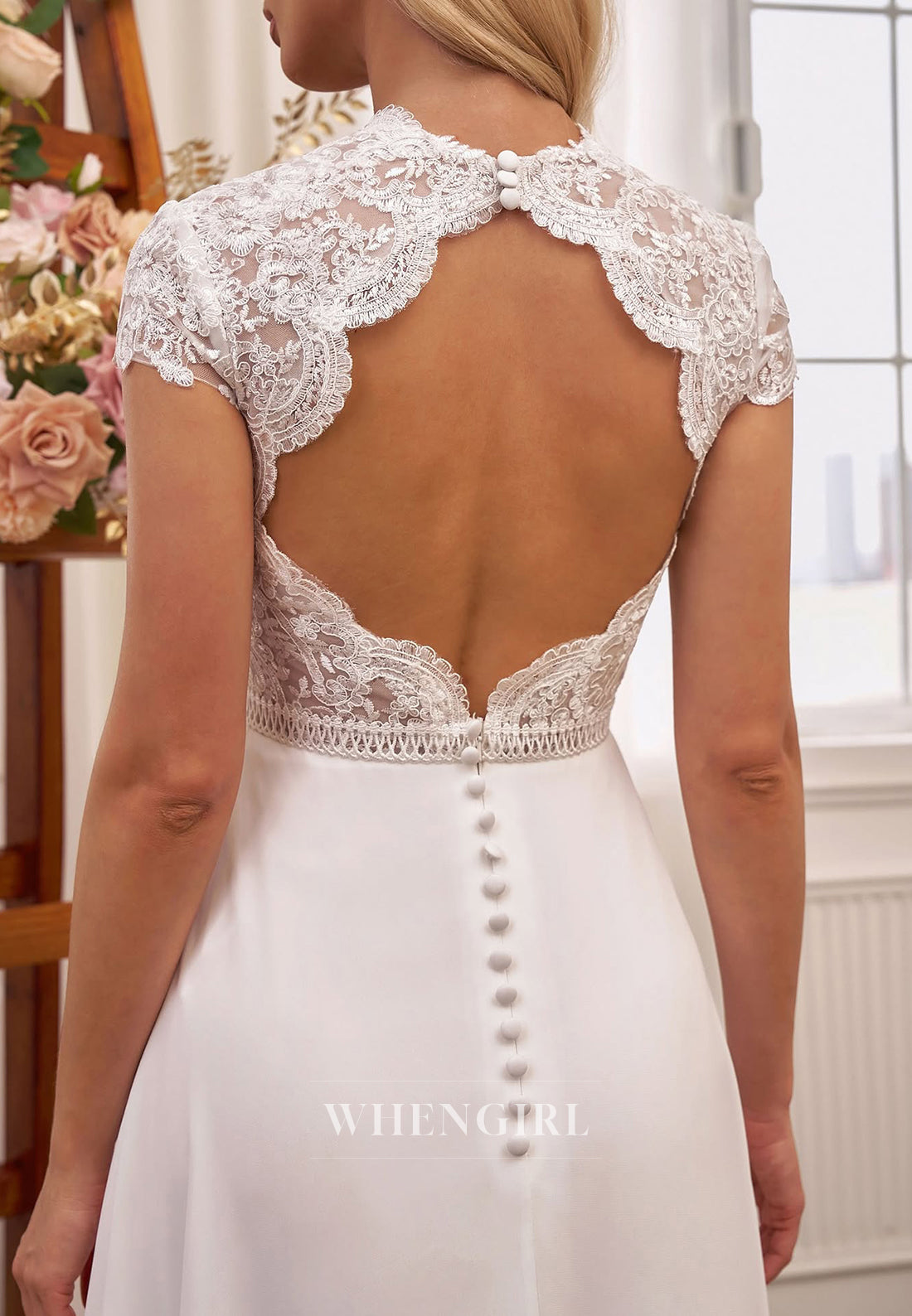 Asmmetrical Neck Cap Sleeves Sheath Chiffon Boho Beach Wedding Dress
