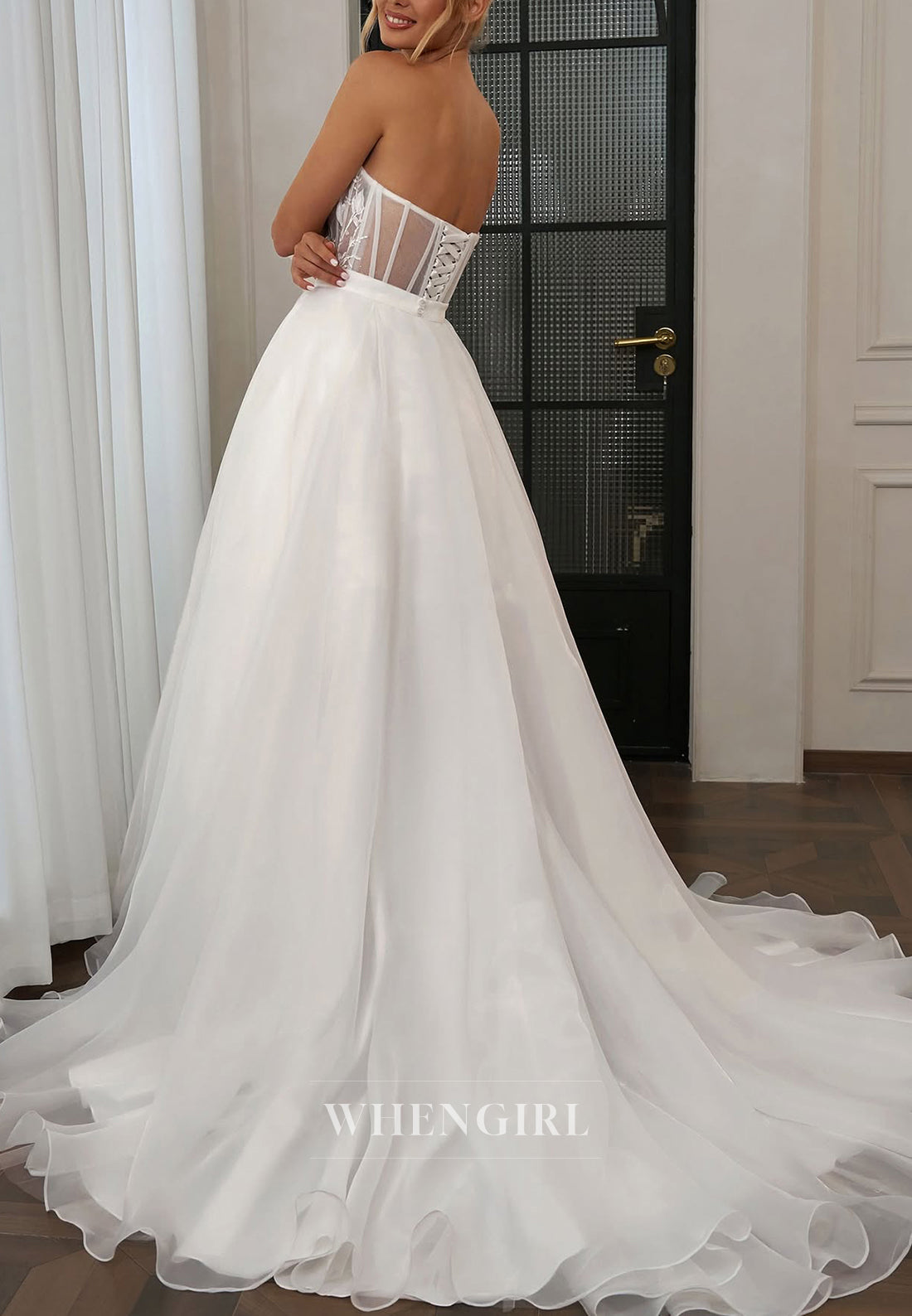 Tube Top Appliqued Removable Sleeves Lace Up A-Line Wedding Dress