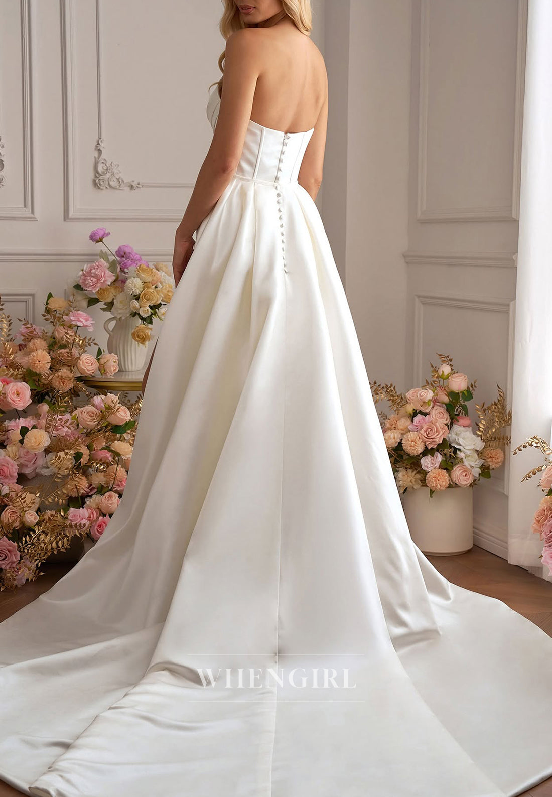 Sheath Satin Sleeveless Strapless Pleated Wedding Dress with Removable Train Side Slit