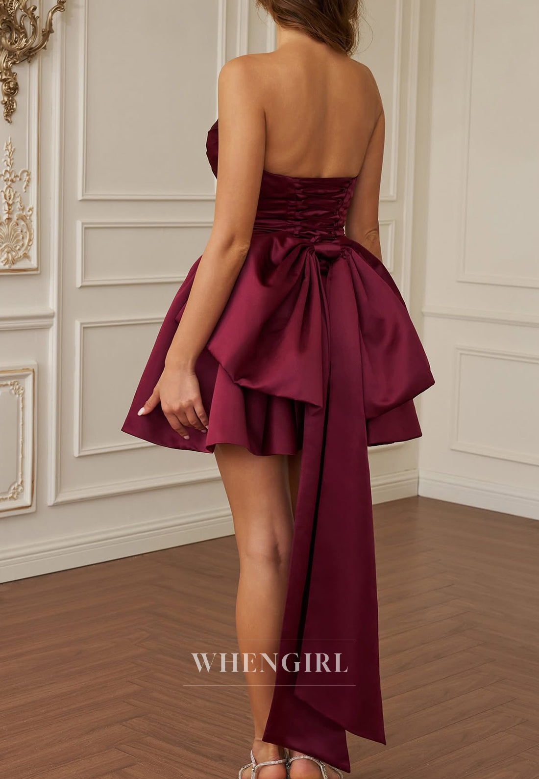 A-Line Burgundy Sleeveless Pleated Strapless Bowknot Lace Up Short Homecoming Dress