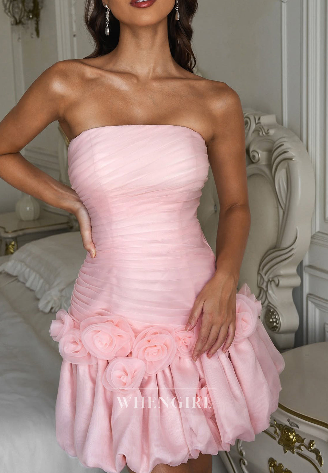 Light Pink Tube Top Pleated Sleeveless 3D Flowers Bubble Hem Sheath Short Homecoming Dress