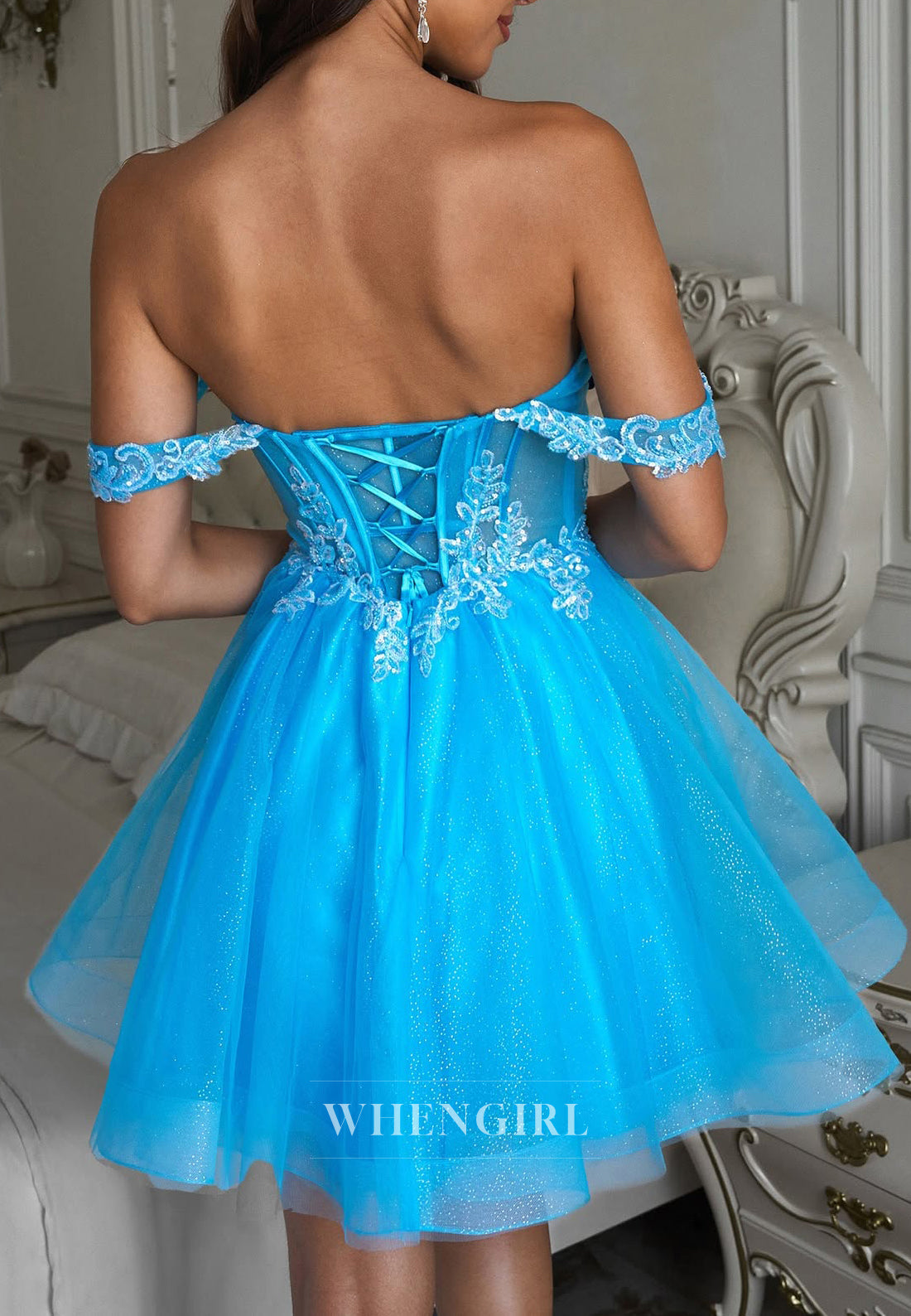 Ocean Blue Off Shoulder Pleated Appliqued Corset A-Line Short Homecoming Dress