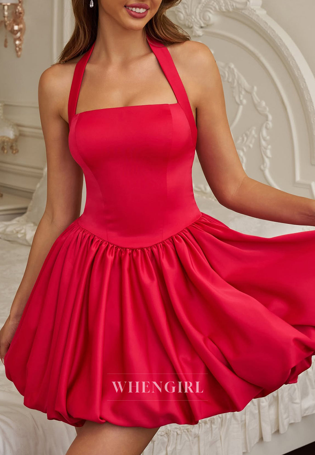 Red Halter Sleeveless Bubble Hem A-Line Short Homecoming Dress