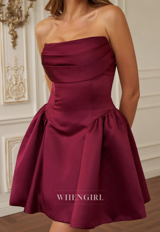 A-Line Burgundy Sleeveless Pleated Strapless Bowknot Lace Up Short Homecoming Dress