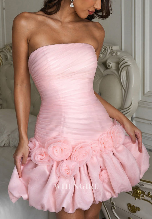 Light Pink Tube Top Pleated Sleeveless 3D Flowers Bubble Hem Sheath Short Homecoming Dress