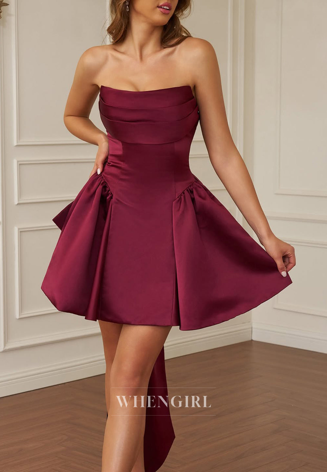 A-Line Burgundy Sleeveless Pleated Strapless Bowknot Lace Up Short Homecoming Dress
