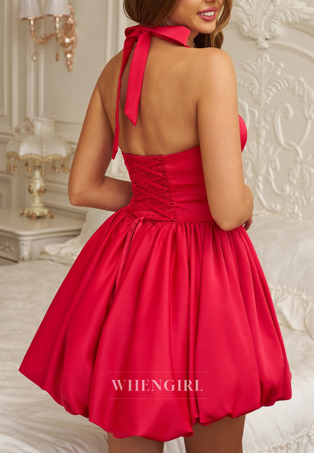 Red Halter Sleeveless Bubble Hem A-Line Short Homecoming Dress