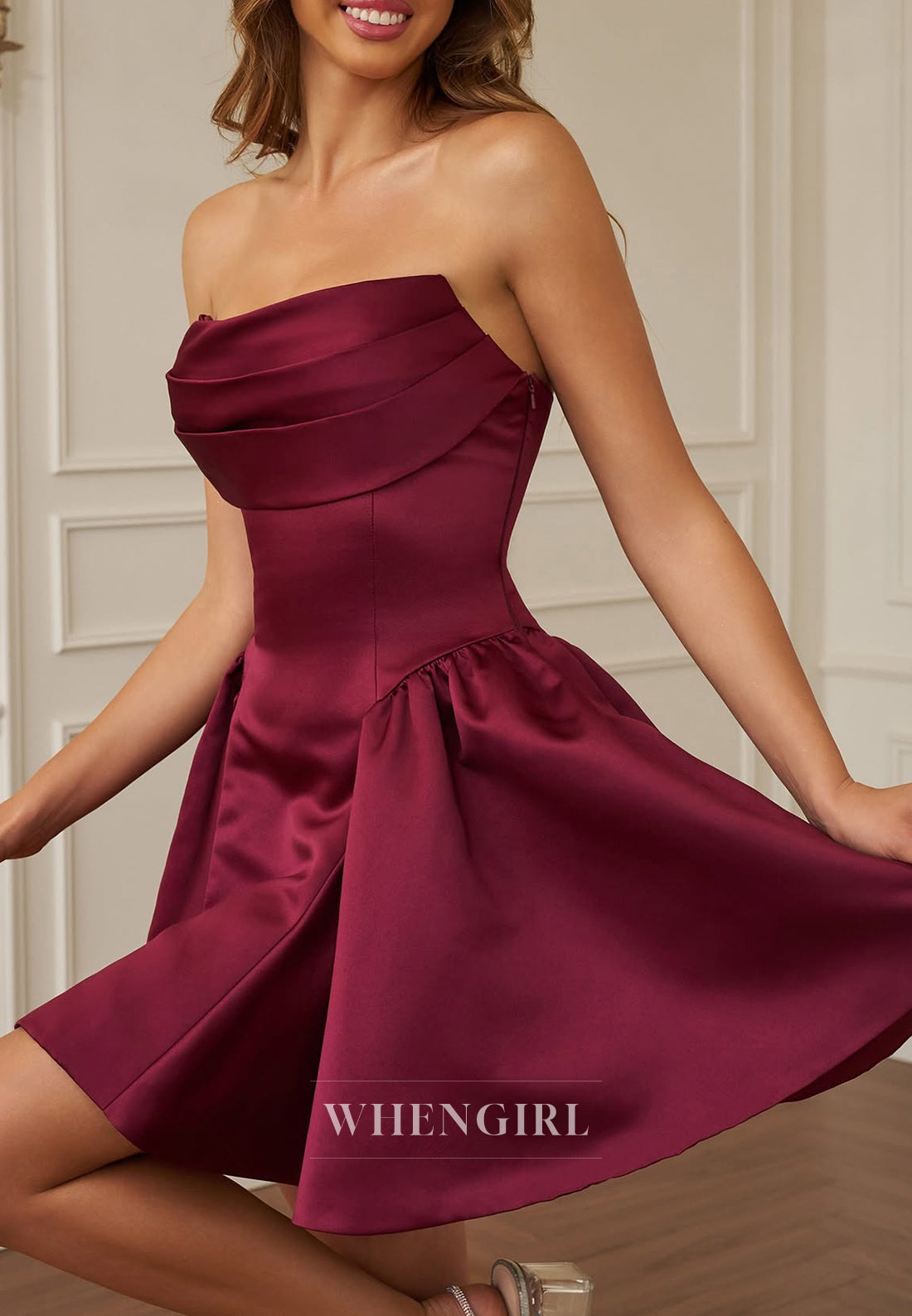 A-Line Burgundy Sleeveless Pleated Strapless Bowknot Lace Up Short Homecoming Dress