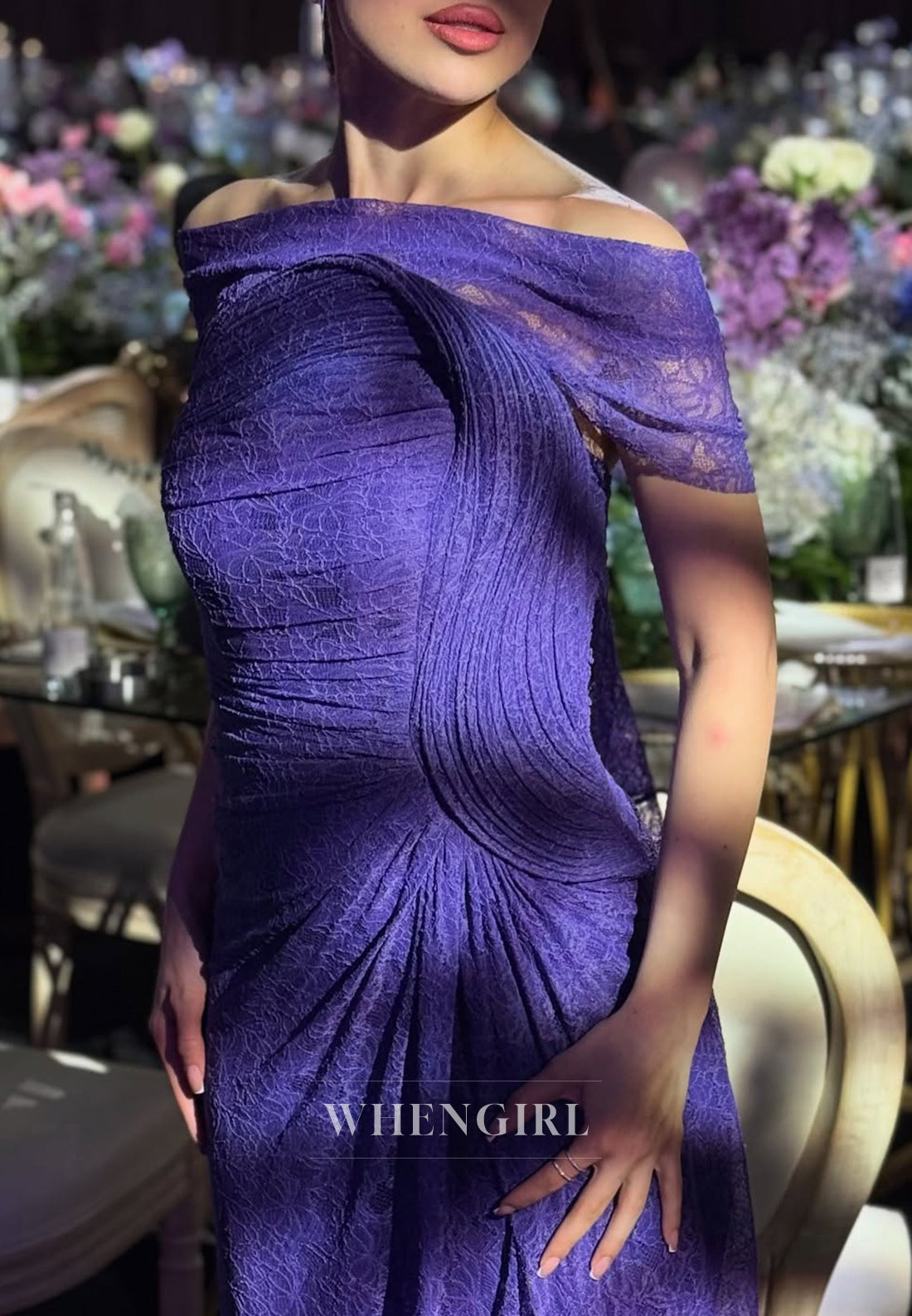 Tahiti Off Shoulder Short Sleeves Evening Gown Pleated Sheath Floor Length Formal Dress