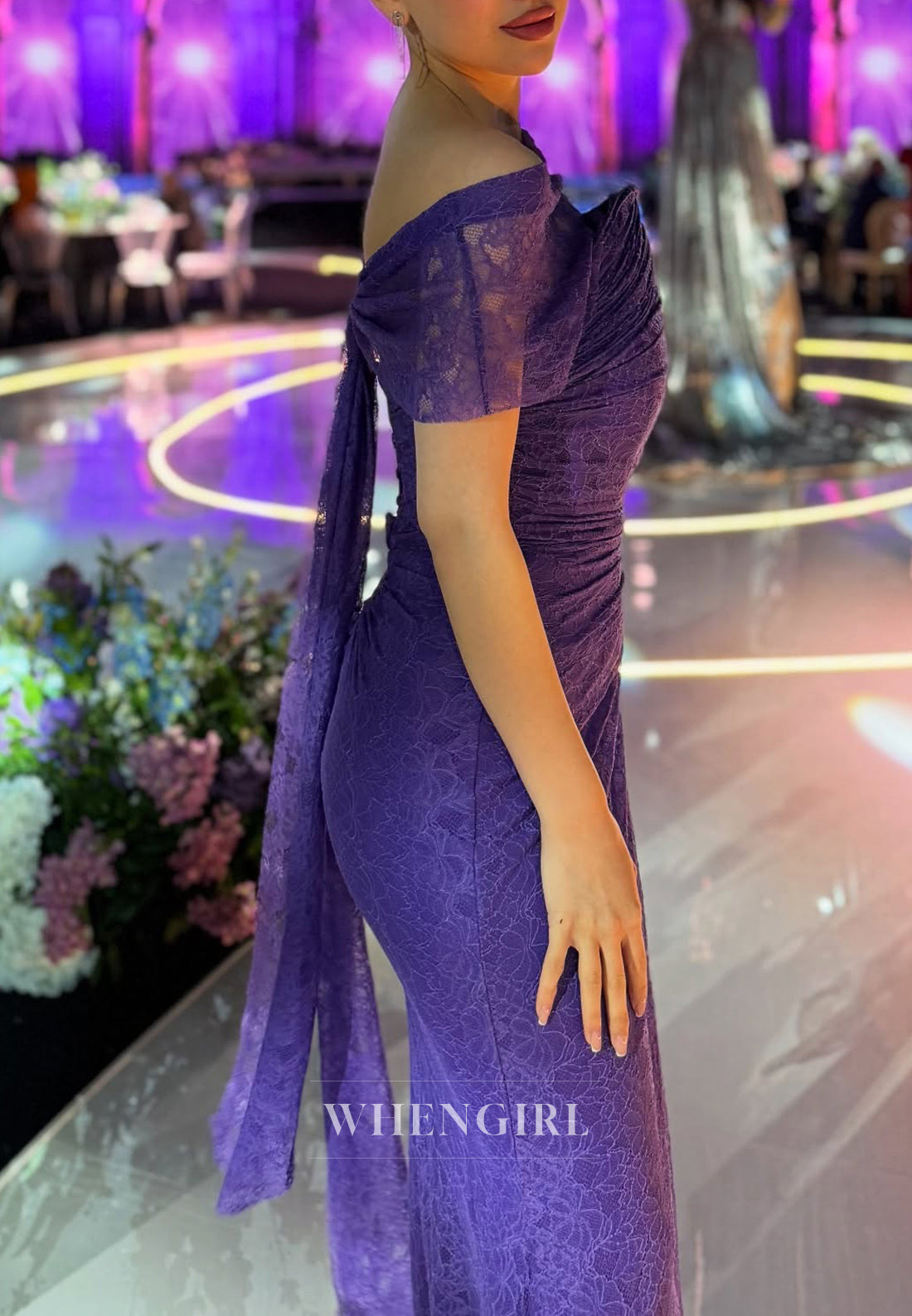 Tahiti Off Shoulder Short Sleeves Evening Gown Pleated Sheath Floor Length Formal Dress