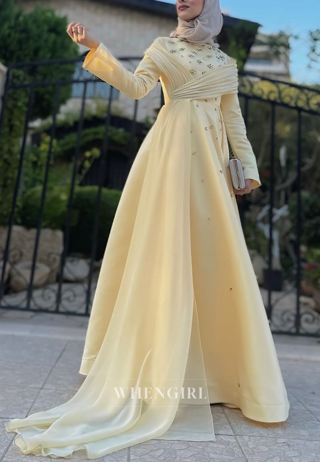 Daffodil Long Sleeves Ruched Side Train Rhinestones Beading High Neck A-Line Formal Evening Dress