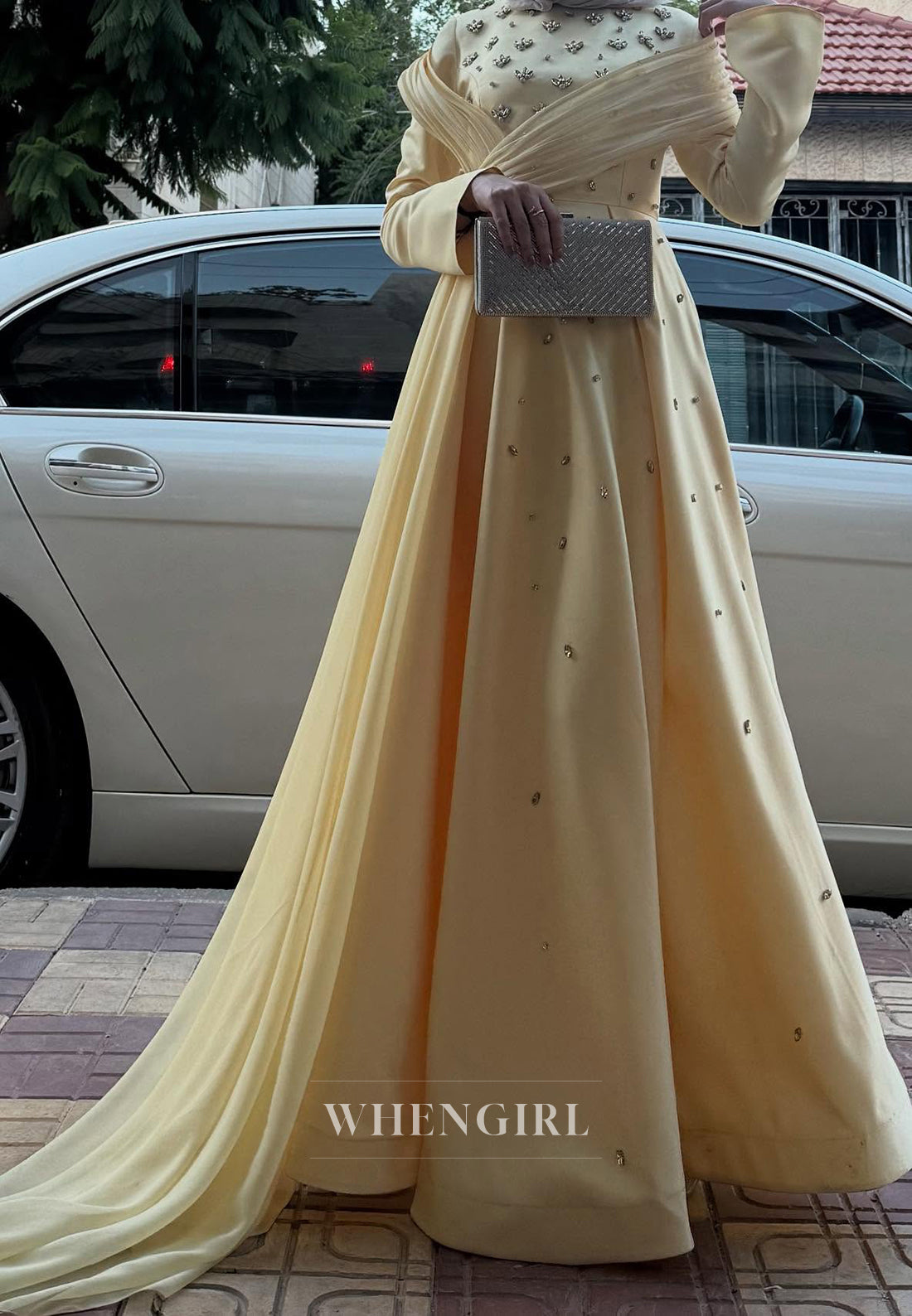 Daffodil Long Sleeves Ruched Side Train Rhinestones Beading High Neck A-Line Formal Evening Dress
