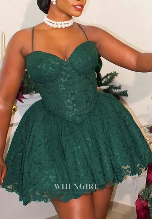 Teal Sweetheart Spaghetti Straps Embroidery Lace A-Line Homecoming Dress