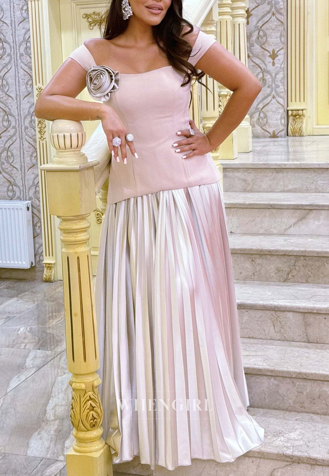Pink Off Shoulder Sleeveless 3D Flower Pleated A-Line Evening Formal Dress