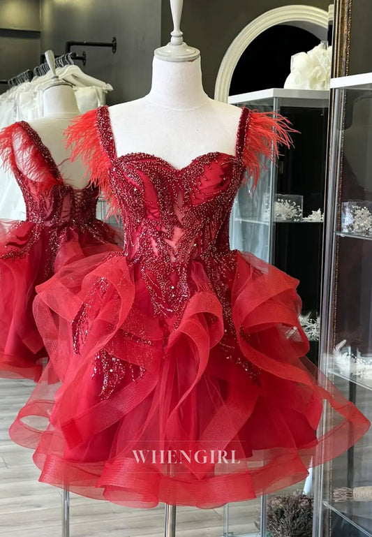 Chic Sweetheart Beaded Sleeveless Feather A-Line Short Homecoming Dress