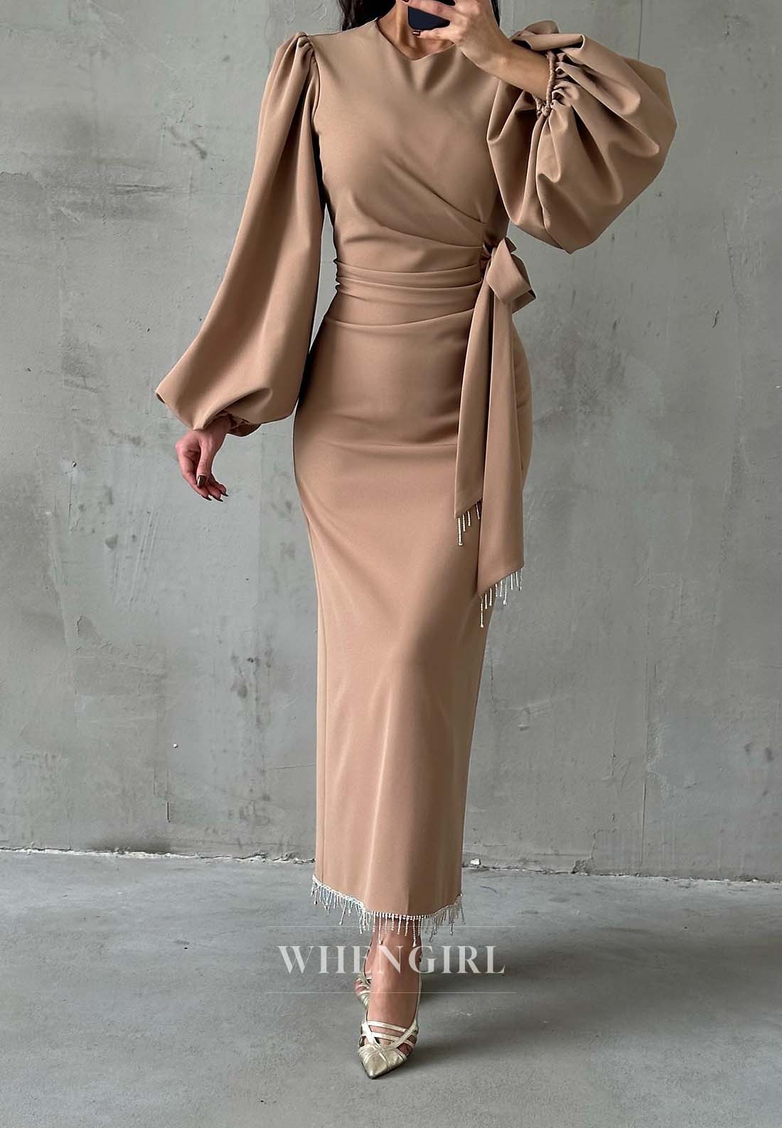 Sheath Long Puff Sleeves Tassel Floor Length Formal Dress V Neck Pleated Evening Gown