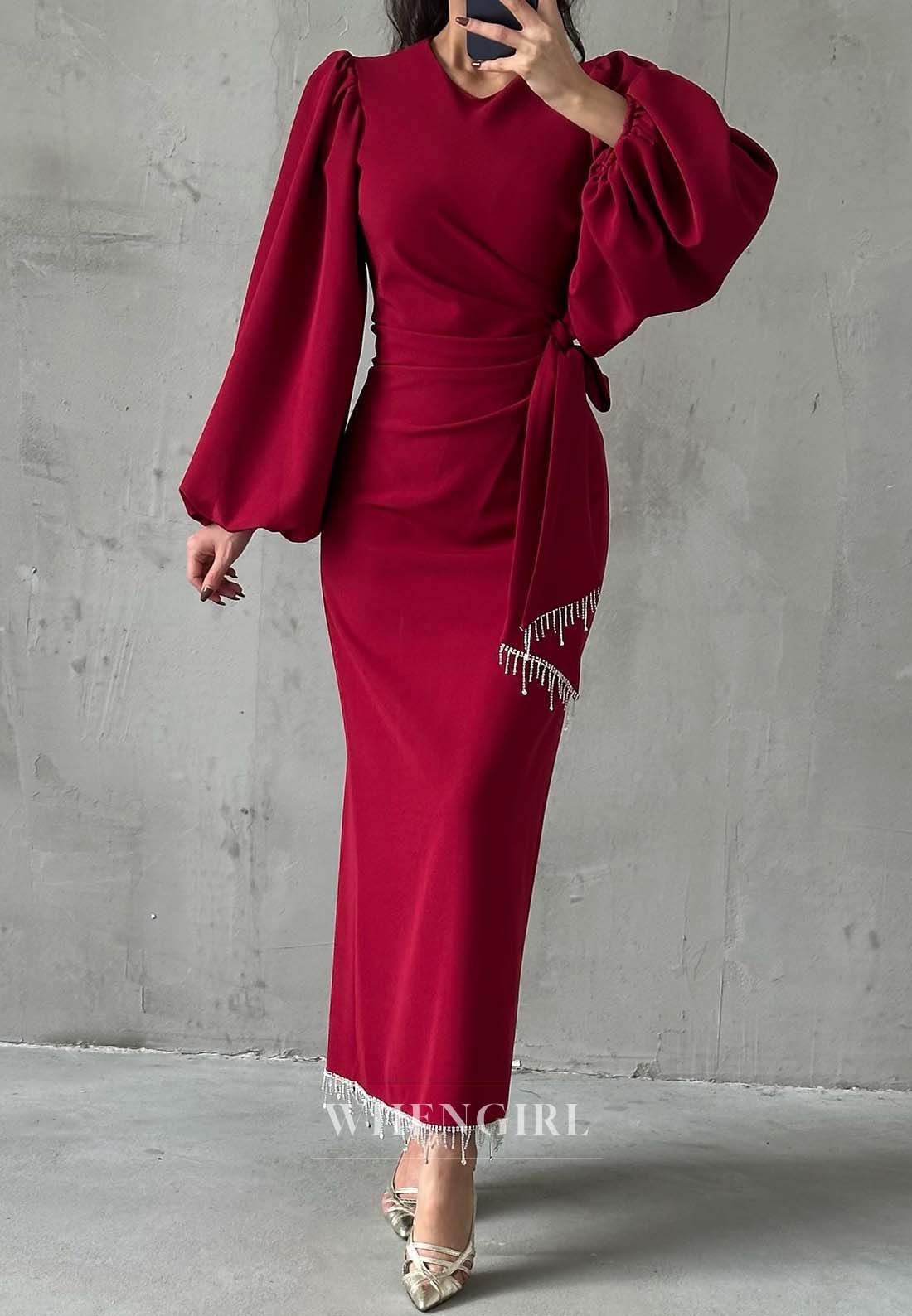 Sheath Long Puff Sleeves Tassel Floor Length Formal Dress V Neck Pleated Evening Gown