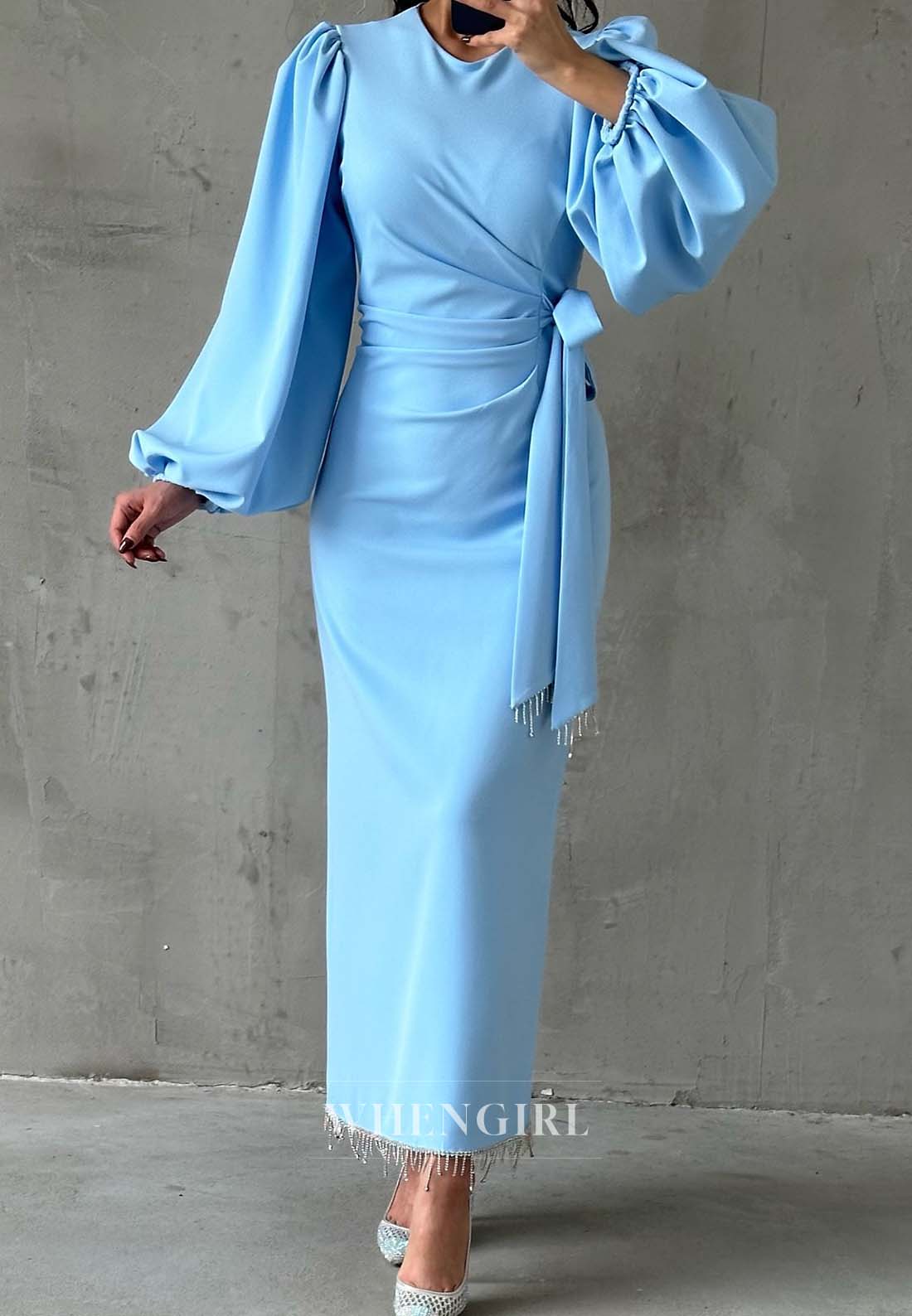 Sheath Long Puff Sleeves Tassel Floor Length Formal Dress V Neck Pleated Evening Gown