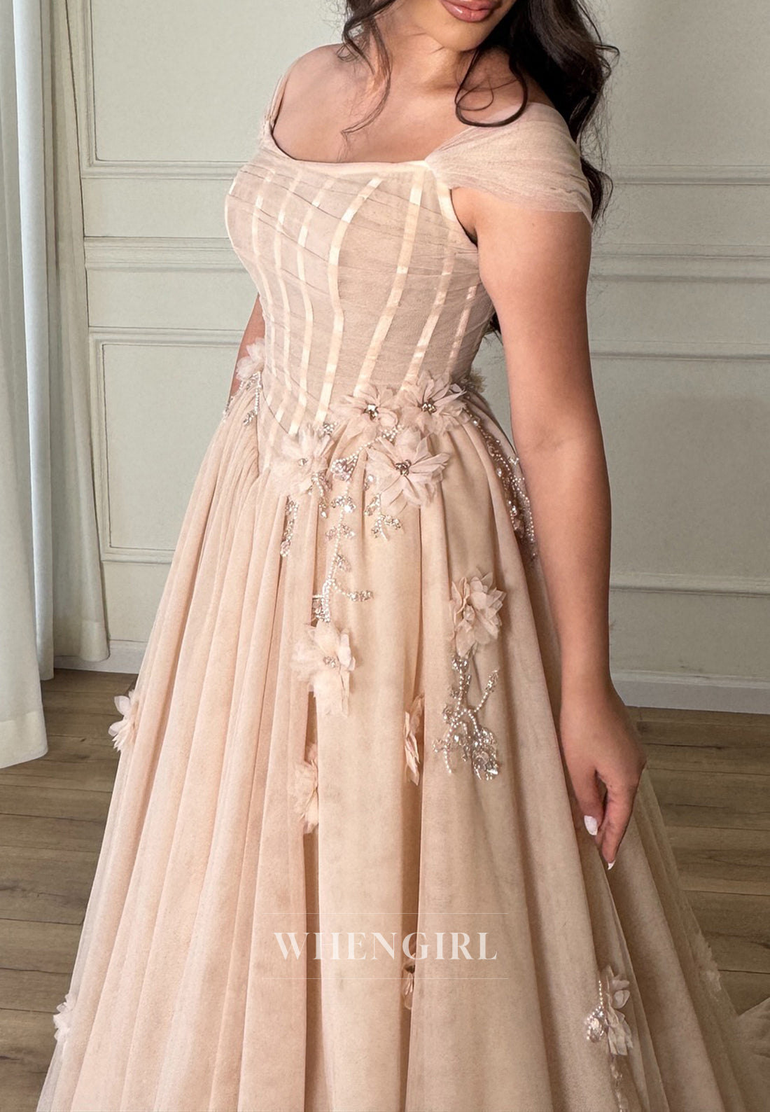 A-Line Bateau Neck Cap Sleeves Beaded Flowers Wedding Dress