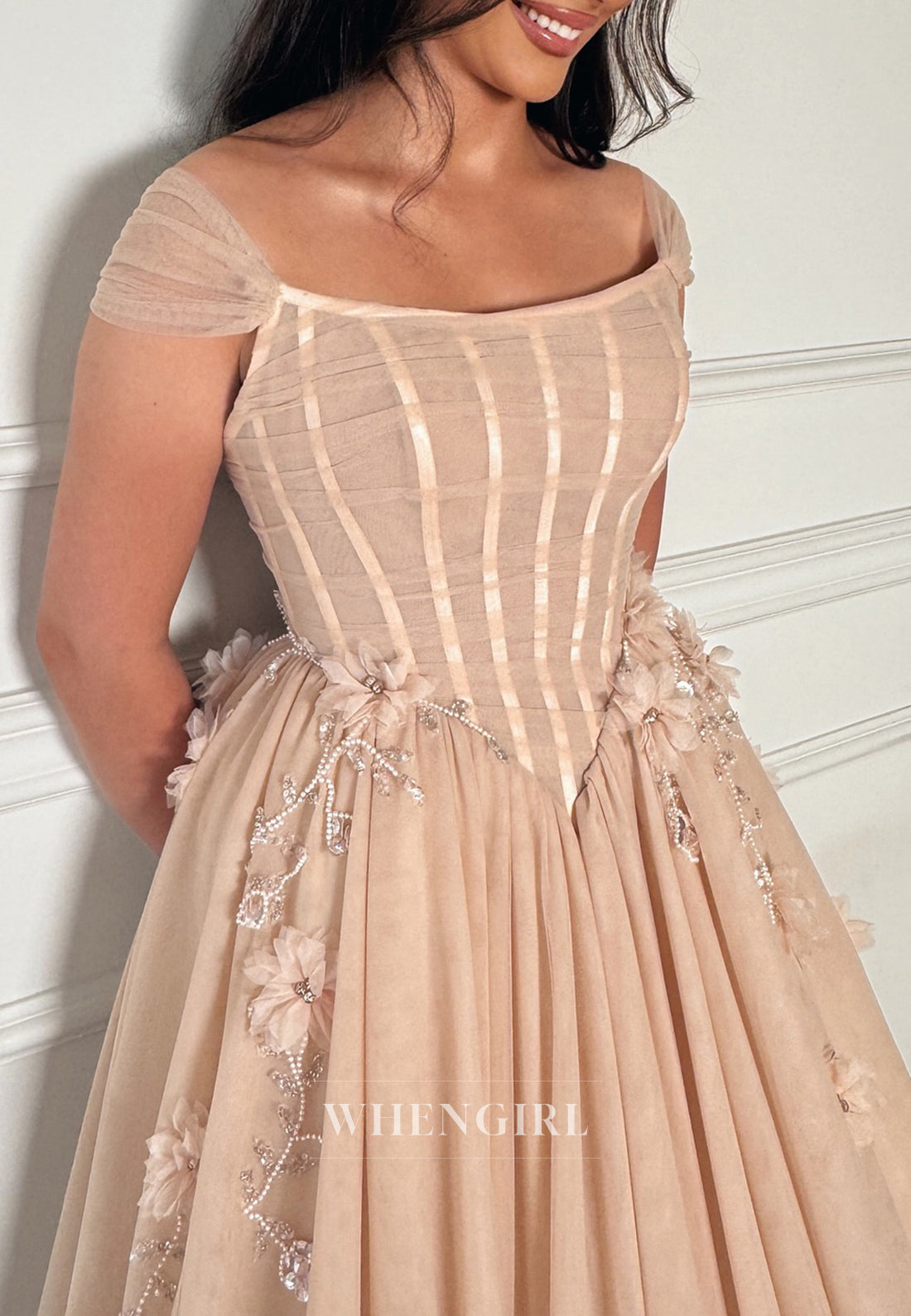 A-Line Bateau Neck Cap Sleeves Beaded Flowers Wedding Dress