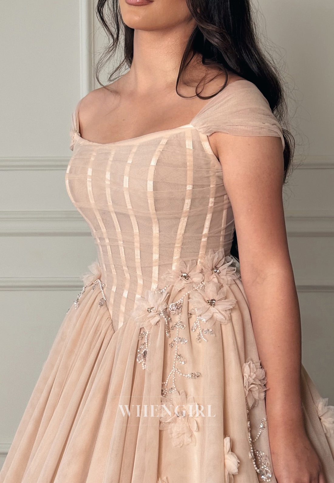 A-Line Bateau Neck Cap Sleeves Beaded Flowers Wedding Dress