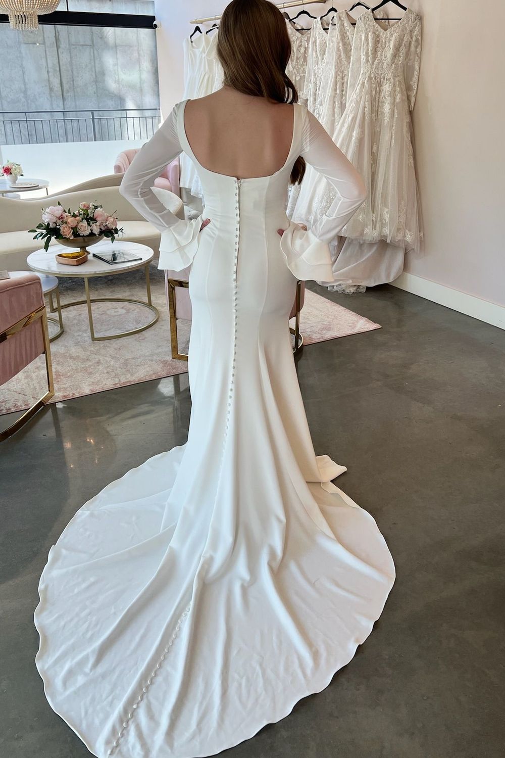 Square Neck Long Sleeves Slit Mermaid Wedding Dress