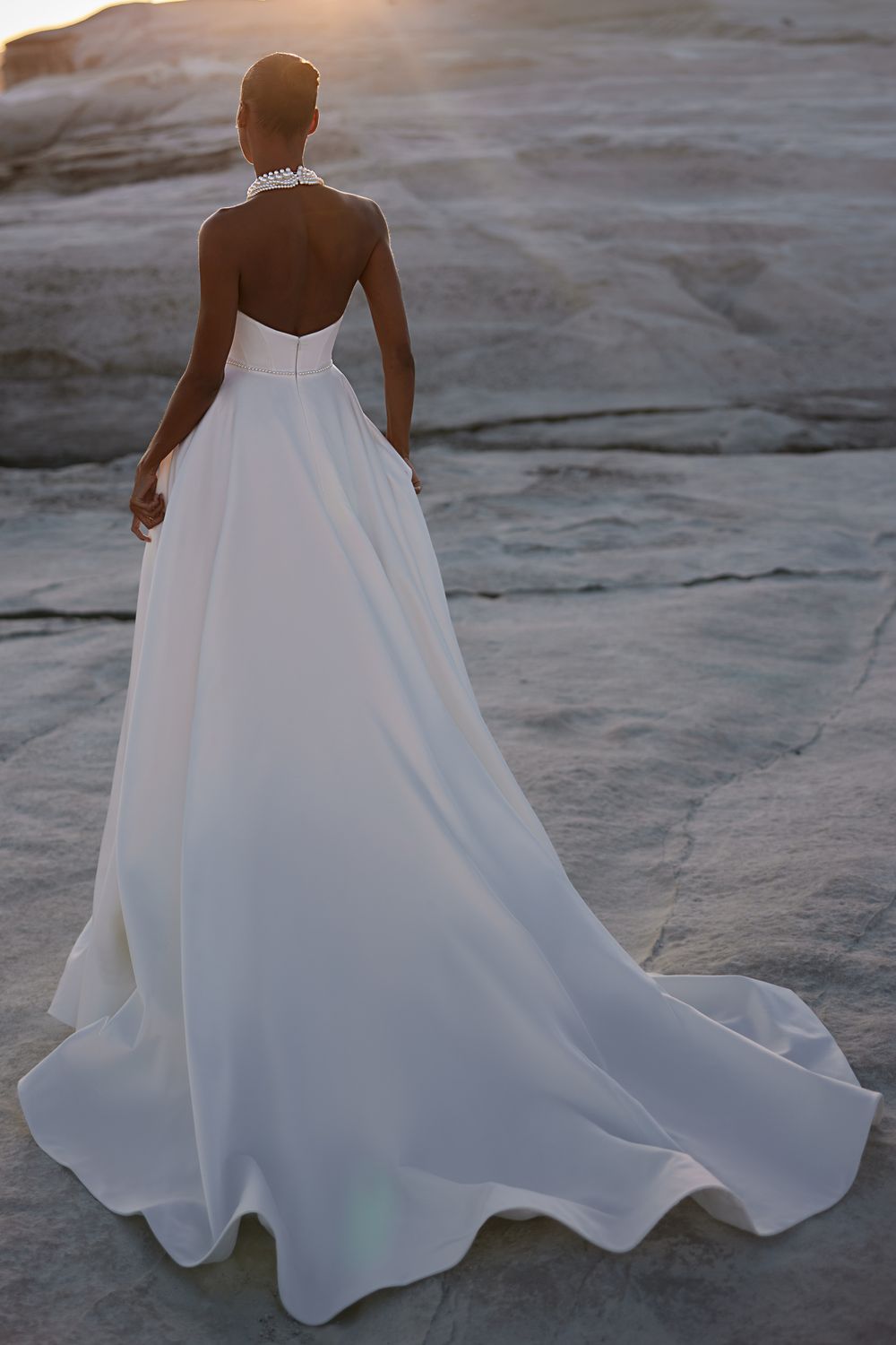Halter Sleeveless Beaded Neck Slit A-Line Wedding Dress