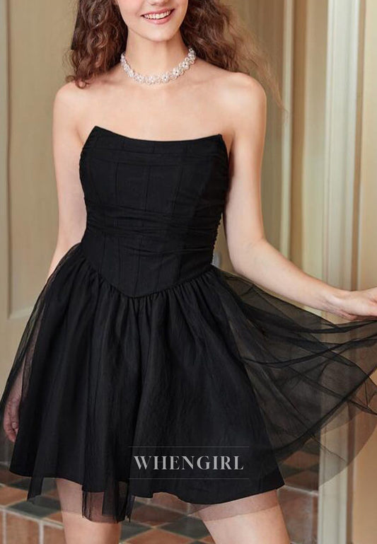 A-Line Sleeveless Strapless Tulle Short Homecoming Dress